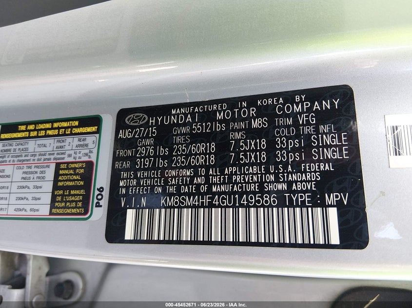 2016 Hyundai Santa fe VIN KM8SM4HF4GU149586 IAAI salvage auction — RIGHT SIDE, Rebuildable (Florida), sold $1,450 on 2026-07-24 (photo 9)