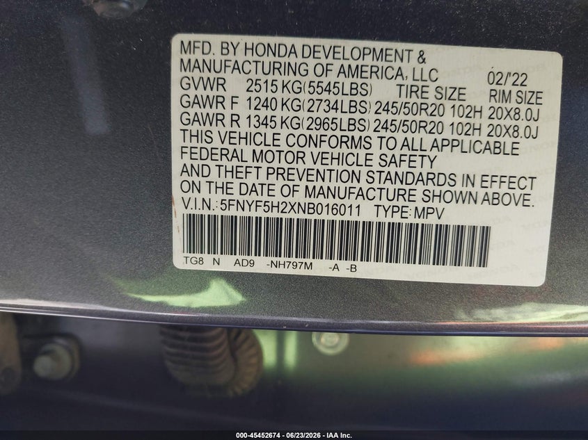 2022 Honda Pilot VIN 5FNYF5H2XNB016011 IAAI salvage auction — FRONT END, Original (Texas), sold $9,000 on 2026-07-29 (photo 9)