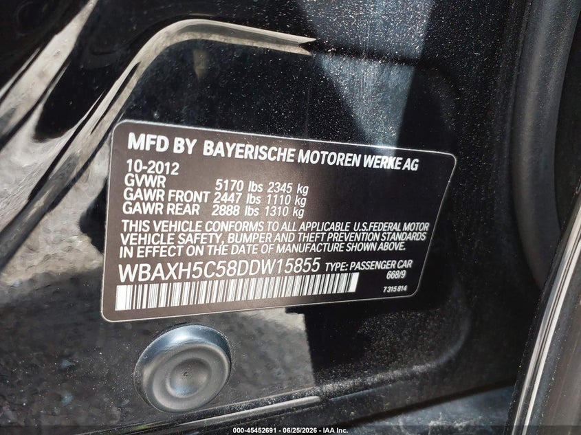 2013 BMW 5er VIN WBAXH5C58DDW15855 IAAI salvage auction — FRONT & REAR, Salvage Title, sold $975 on 2026-09-11 (photo 9)