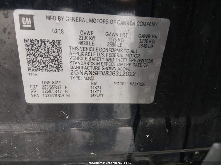 2018 Chevrolet Equinox VIN 2GNAXSEV8J6312812 IAAI salvage auction — FRONT END, Salvage - Greater Than 75% (Maryland), sold $2,300 on 2026-07-11 (photo 9)