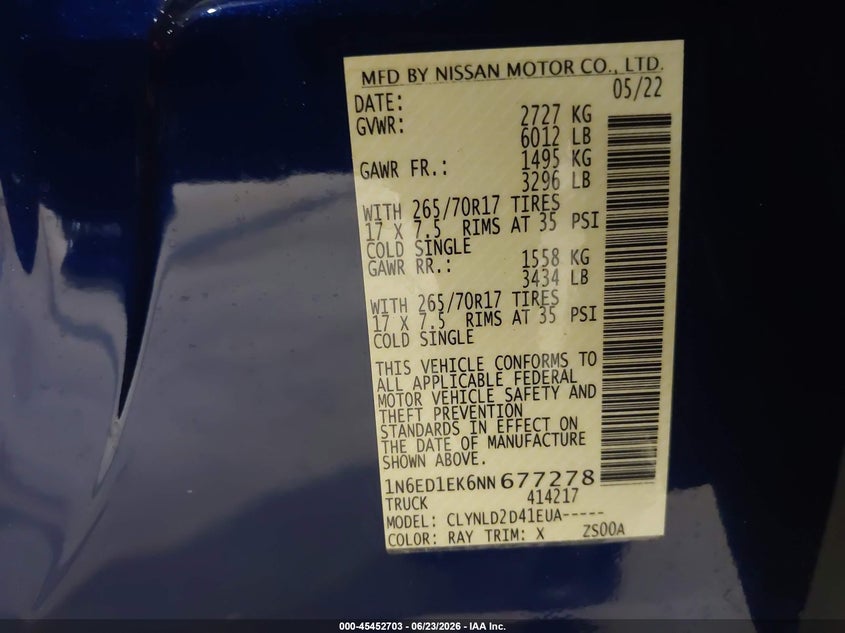 2022 Nissan Navara (frontier) VIN 1N6ED1EK6NN677278 IAAI salvage auction — FRONT END, Salvage Title, sold $5,250 on 2026-08-01 (photo 9)
