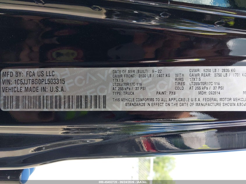 2023 Jeep Gladiator VIN 1C6JJTBG0PL503315 IAAI salvage auction — RIGHT FRONT, Salvage Title, sold $10,000 on 2026-07-30 (photo 9)
