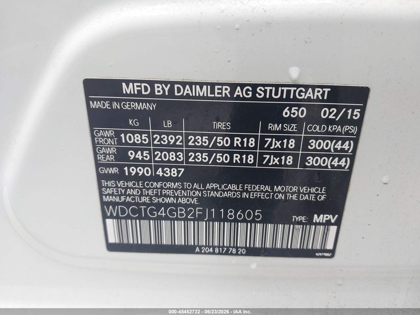 2015 Mercedes-benz Gla-klasse VIN WDCTG4GB2FJ118605 IAAI salvage auction — FRONT END, Salvage (Idaho), sold $2,250 on 2026-07-16 (photo 9)