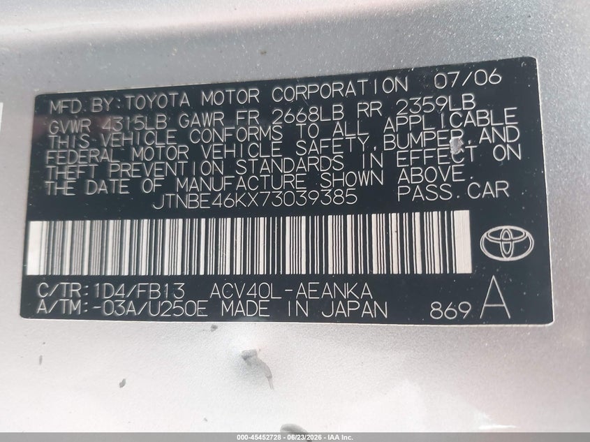 2007 Toyota Camry VIN JTNBE46KX73039385 IAAI salvage auction — NORMAL WEAR, Clear (Massachusetts), sold $675 on 2026-07-17 (photo 9)