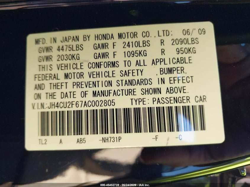 2010 Acura Tsx VIN JH4CU2F67AC002805 IAAI salvage auction — FRONT & REAR, Salvage (Ohio), sold $750 on 2026-07-23 (photo 9)