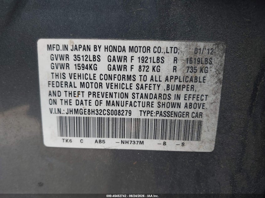 2012 Honda Fit VIN JHMGE8H32CS008279 IAAI salvage auction — FRONT END, Clear (Massachusetts), sold $400 on 2026-07-10 (photo 9)