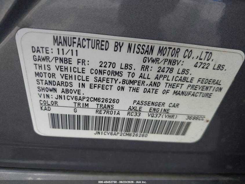 2012 Infiniti G37 VIN JN1CV6AP2CM626260 IAAI salvage auction — NORMAL WEAR, Repossession Paperwork (Georgia), sold $125 on 2026-07-29 (photo 9)