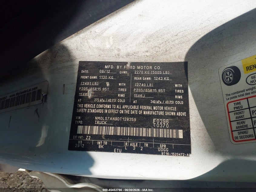 2013 Ford Transit VIN NM0LS7AN9DT128359 IAAI salvage auction — FRONT END, Clear (New York), sold $750 on 2026-07-27 (photo 9)