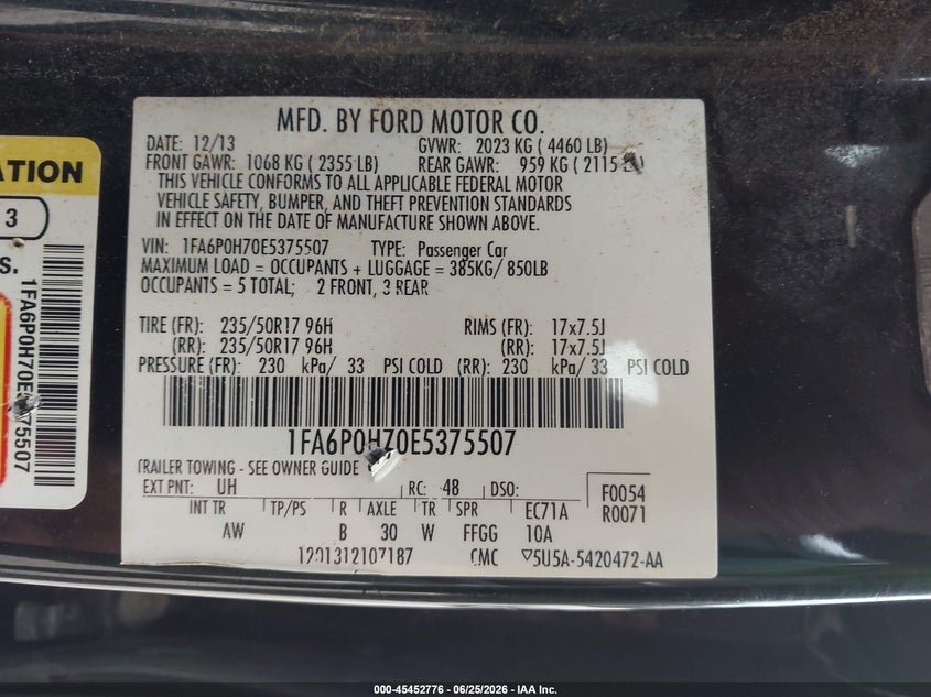 2014 Ford Fusion VIN 1FA6P0H70E5375507 IAAI salvage auction — FRONT END, Clear (Wisconsin), sold $275 on 2026-09-30 (photo 9)