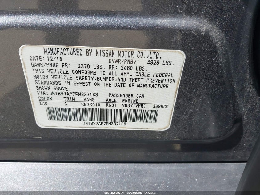 2015 Infiniti Q50 VIN JN1BV7AP7FM337168 IAAI salvage auction — LEFT REAR, Salvage (Texas), sold $3,075 on 2026-07-24 (photo 9)