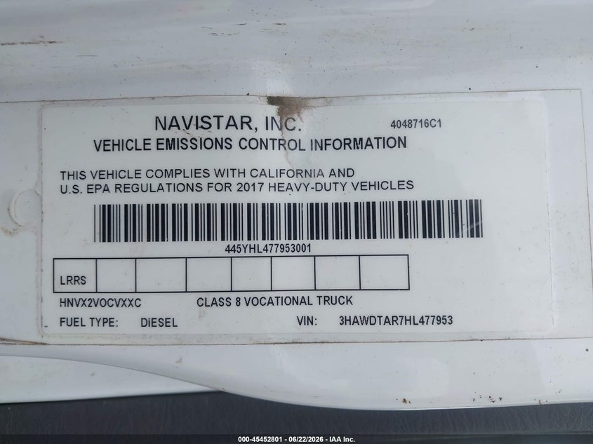 2017 International VIN 3HAWDTAR7HL477953 IAAI salvage auction — NORMAL WEAR, Clear (Pennsylvania), sold $16,750 on 2026-07-24 (photo 8)
