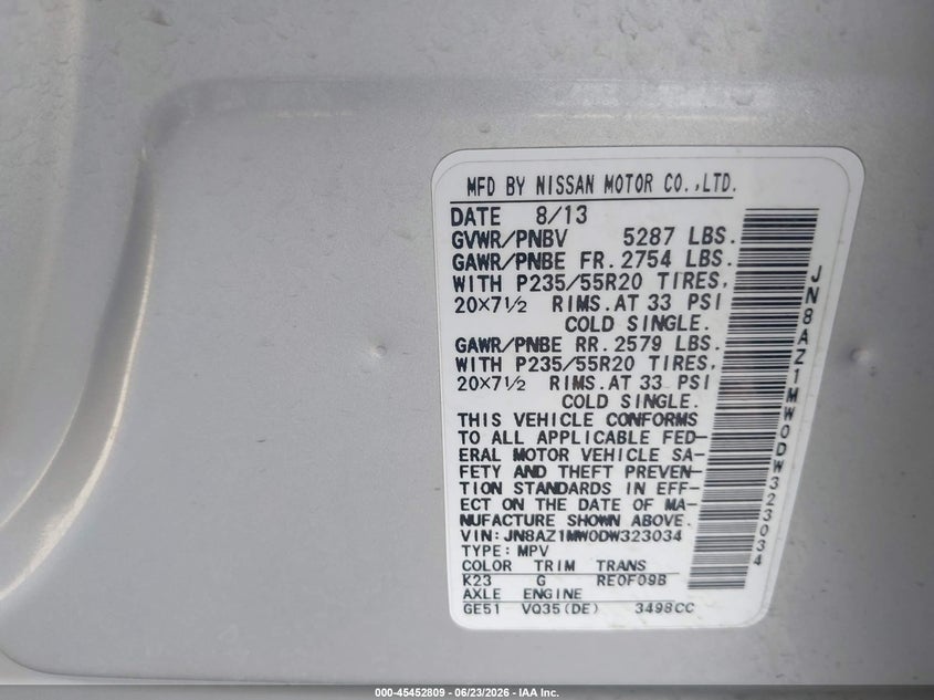 2013 Nissan Murano VIN JN8AZ1MW0DW323034 IAAI salvage auction — FRONT END, Salvage (Kansas), sold $550 on 2026-07-29 (photo 9)