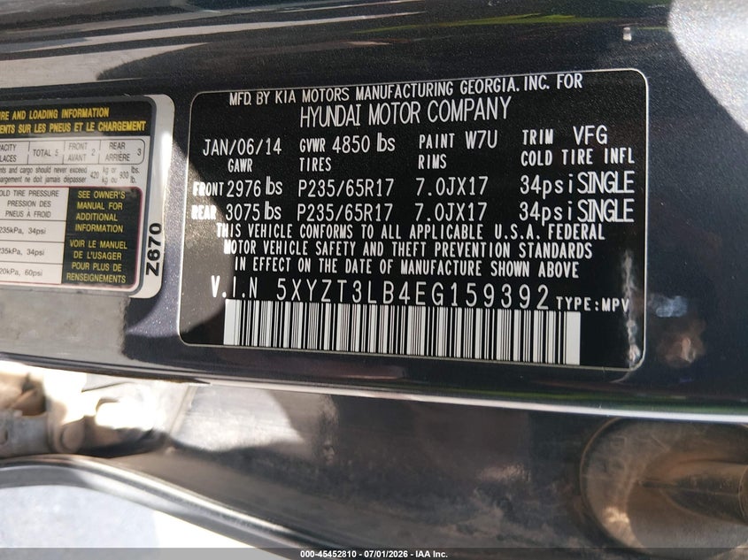 2014 Hyundai VIN 5XYZT3LB4EG159392 IAAI salvage auction — NORMAL WEAR, Salvage Title, sold $1,300 on 2026-07-29 (photo 9)