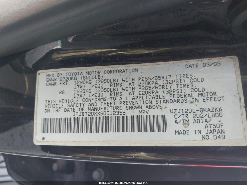 2003 Lexus Gx 470 VIN JTJBT20XX30012358 IAAI salvage auction — NORMAL WEAR, Clear (Georgia), sold $2,400 on 2026-07-07 (photo 9)