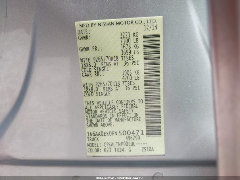 2015 Nissan TITAN VIN 1N6AA0EK0FN500471 IAAI salvage auction — REAR END, Salvage (Tennessee), sold $1,525 on 2026-07-09 (photo 9)