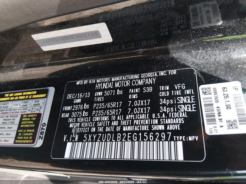 2014 Hyundai Santa fe VIN 5XYZUDLB2EG156297 IAAI salvage auction — REAR END, Salvage Title, sold $1,100 on 2026-07-29 (photo 9)