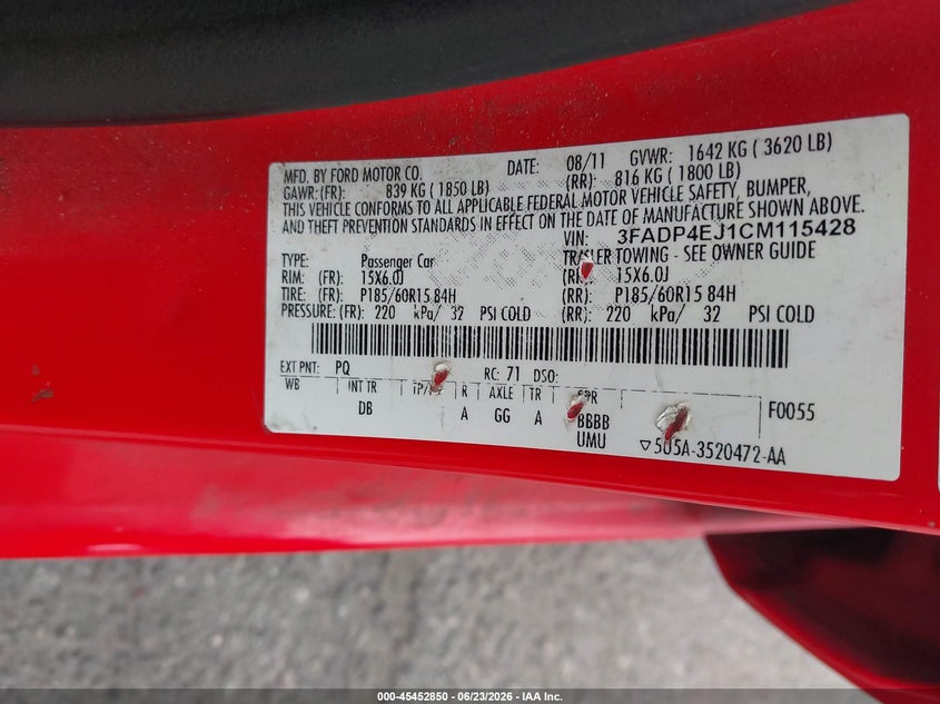 2012 Ford Fiesta VIN 3FADP4EJ1CM115428 IAAI salvage auction — NORMAL WEAR, Clear - Dealer Only (California), sold $725 on 2026-07-09 (photo 9)