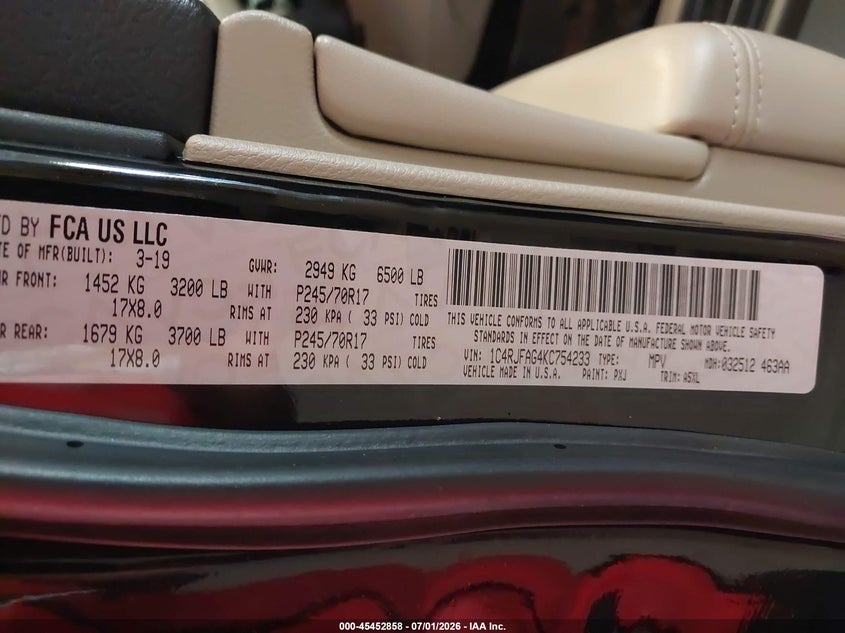 2019 Jeep Grand cherokee VIN 1C4RJFAG4KC754233 IAAI salvage auction — NORMAL WEAR, Sf97 (Maryland), sold $11,700 on 2026-07-27 (photo 9)