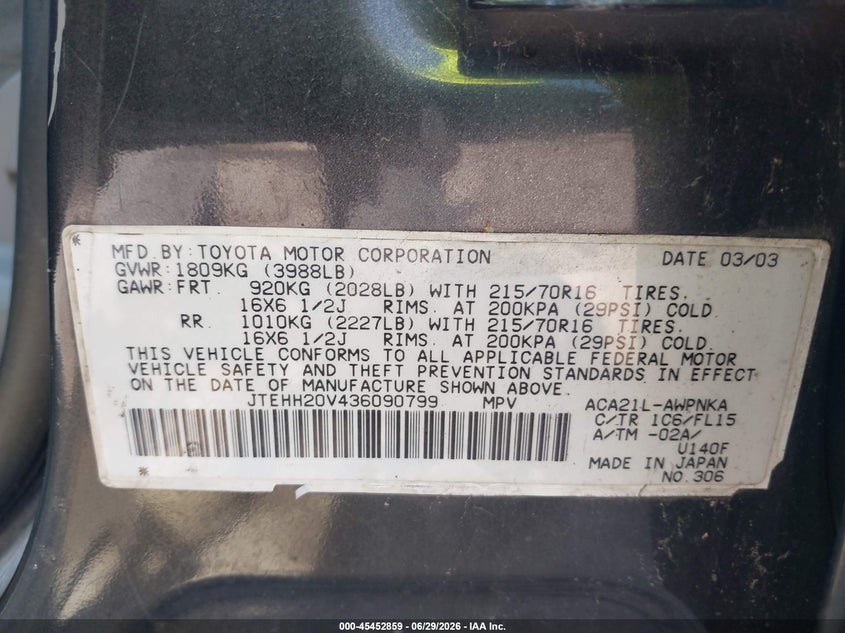 2003 Toyota Rav4 VIN JTEHH20V436090799 IAAI salvage auction — NORMAL WEAR, Clear (New York), sold $400 on 2026-07-22 (photo 9)