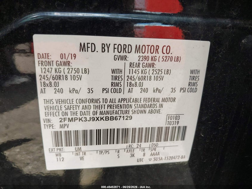 2019 Ford Edge VIN 2FMPK3J9XKBB67129 IAAI salvage auction — NORMAL WEAR, Clear (Illinois), sold $1,200 on 2026-07-09 (photo 9)