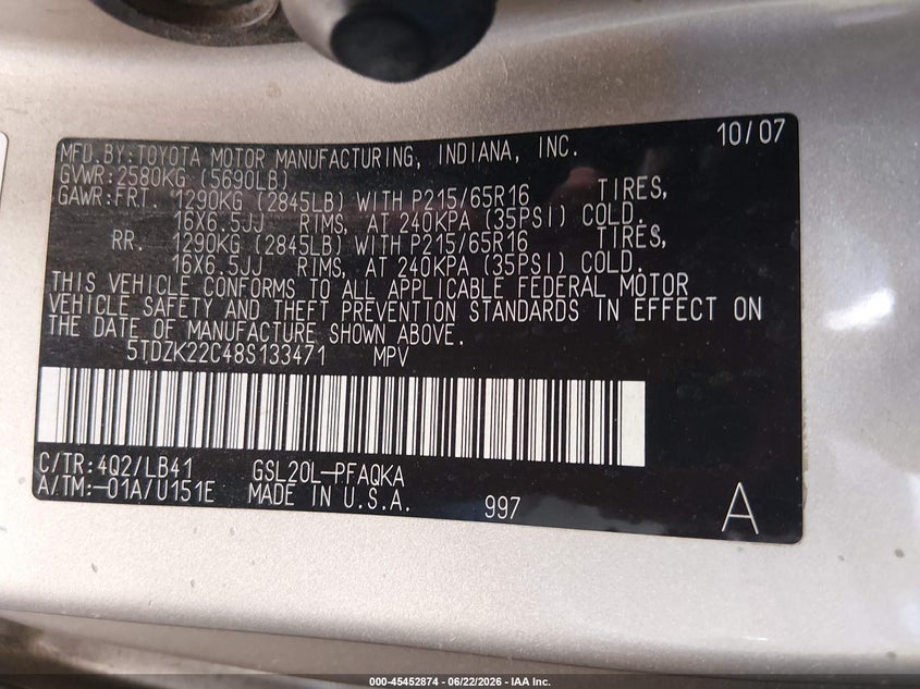 2008 Toyota Sienna VIN 5TDZK22C48S133471 IAAI salvage auction — NORMAL WEAR, Clear-Dealer Only (Arizona), sold $600 on 2026-07-28 (photo 9)
