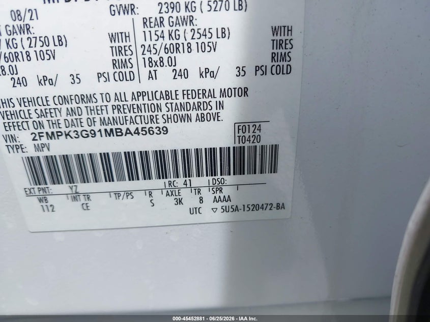 2021 Ford Edge VIN 2FMPK3G91MBA45639 IAAI salvage auction — NORMAL WEAR, Clear (Florida), sold $8,500 on 2026-07-29 (photo 9)