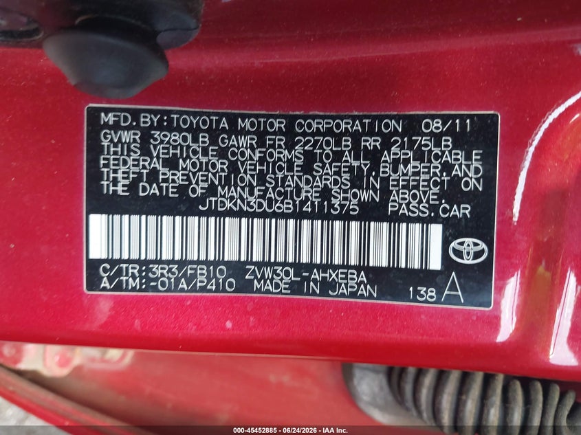 2011 Toyota Prius VIN JTDKN3DU6B1411375 IAAI salvage auction — SIDE, Salvage (Idaho), sold $2,000 on 2026-07-15 (photo 9)