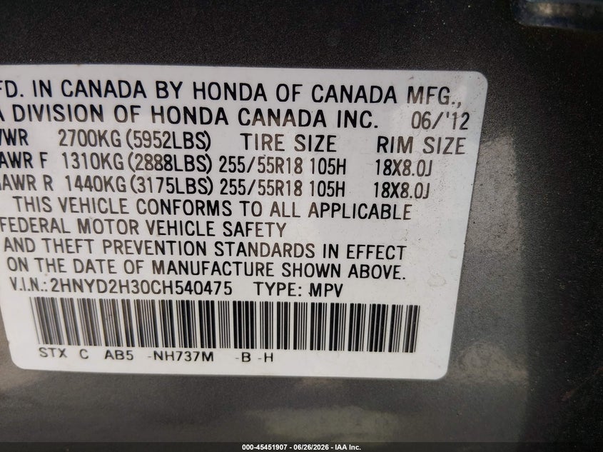 2012 Acura Mdx VIN 2HNYD2H30CH540475 IAAI salvage auction — NORMAL WEAR, Clear (Georgia), sold $600 on 2026-09-01 (photo 9)