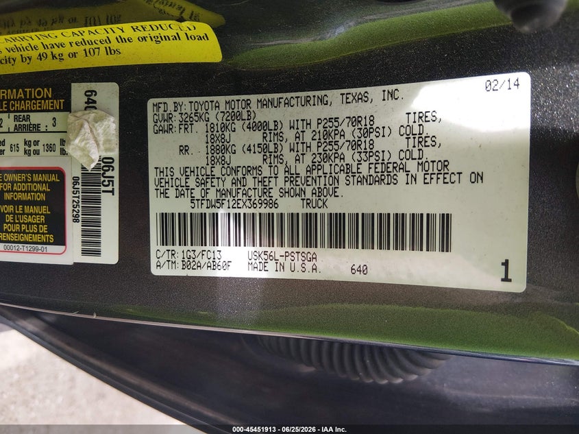 2014 Toyota Tundra VIN 5TFDW5F12EX369986 IAAI salvage auction — NORMAL WEAR, Clear (Louisiana), sold $7,650 on 2026-07-21 (photo 9)