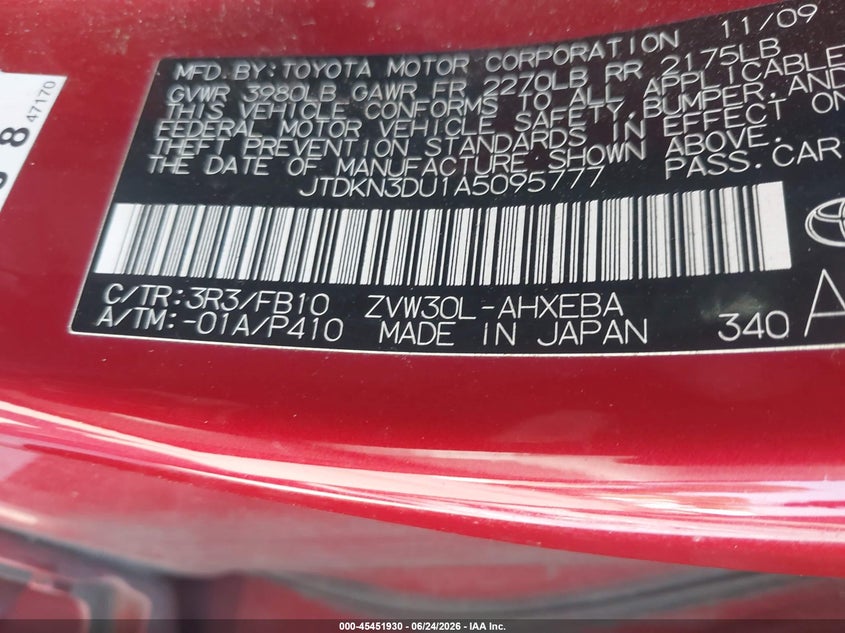 2010 Toyota Prius VIN JTDKN3DU1A5095777 IAAI salvage auction — REAR END, Salvage (California), sold $750 on 2026-07-29 (photo 9)