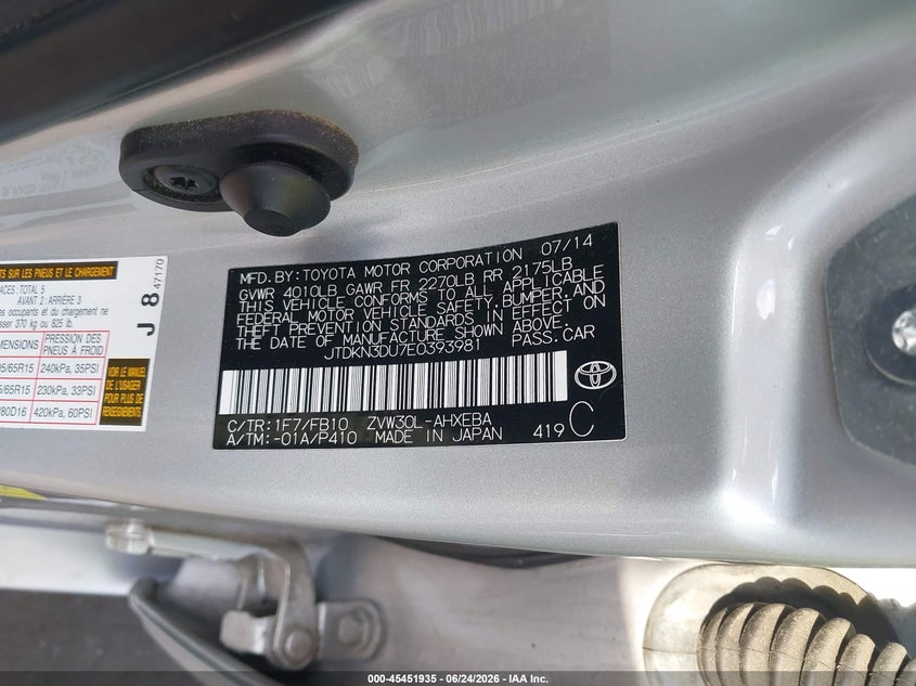 2014 Toyota Prius VIN JTDKN3DU7E0393981 IAAI salvage auction — REAR END, Salvage Title, sold $1,850 on 2026-07-17 (photo 9)