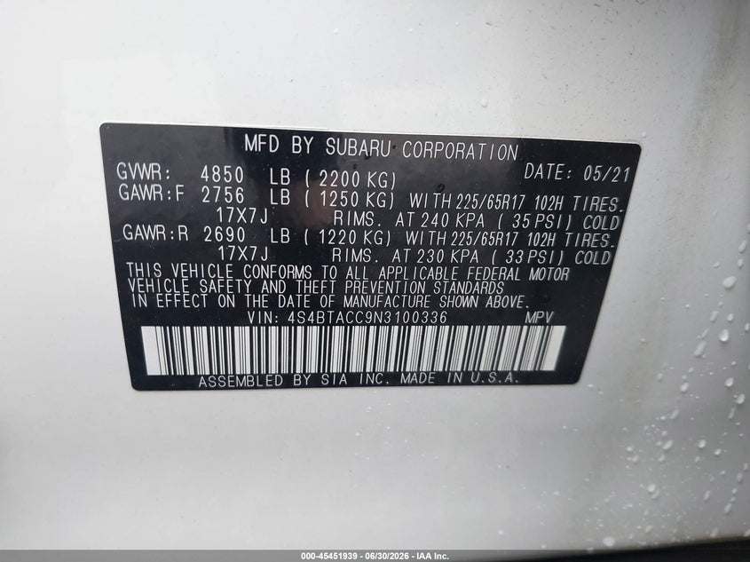 2022 Subaru Outback VIN 4S4BTACC9N3100336 IAAI salvage auction — NORMAL WEAR, Sf97 (New York), sold $12,100 on 2026-07-31 (photo 9)