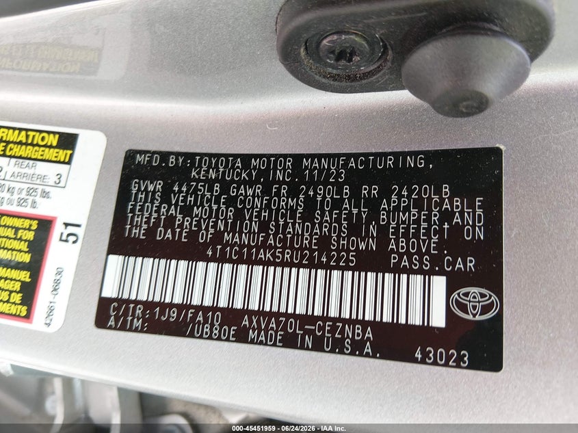 2024 Toyota Camry VIN 4T1C11AK5RU214225 IAAI salvage auction — LEFT SIDE, Salvage Title, sold $8,400 on 2026-07-30 (photo 9)