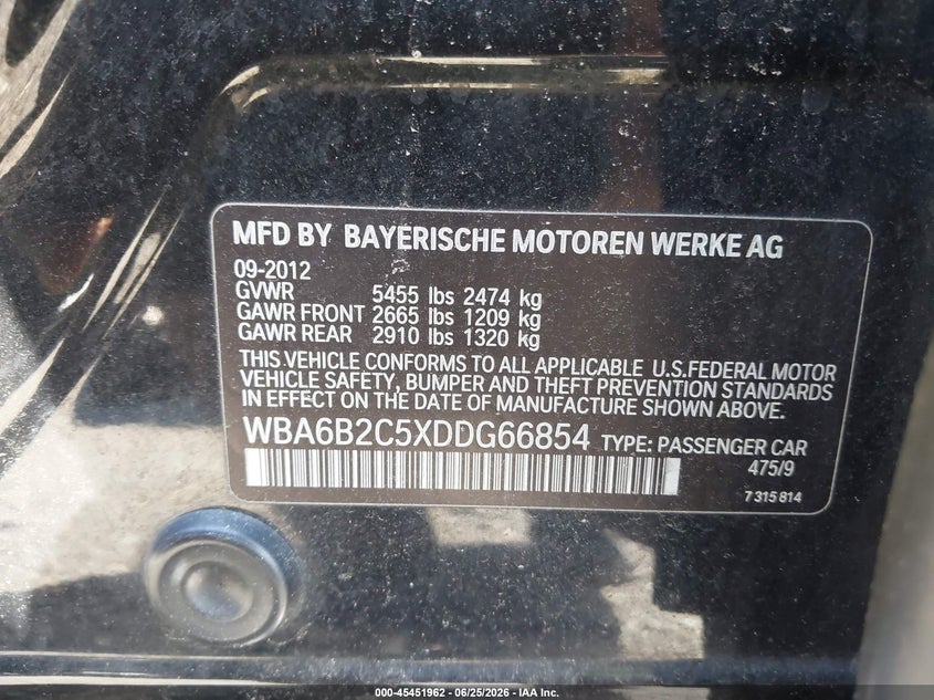 2013 BMW 6er VIN WBA6B2C5XDDG66854 IAAI salvage auction — NORMAL WEAR, Clear (Virginia), sold $1,400 on 2026-07-07 (photo 9)