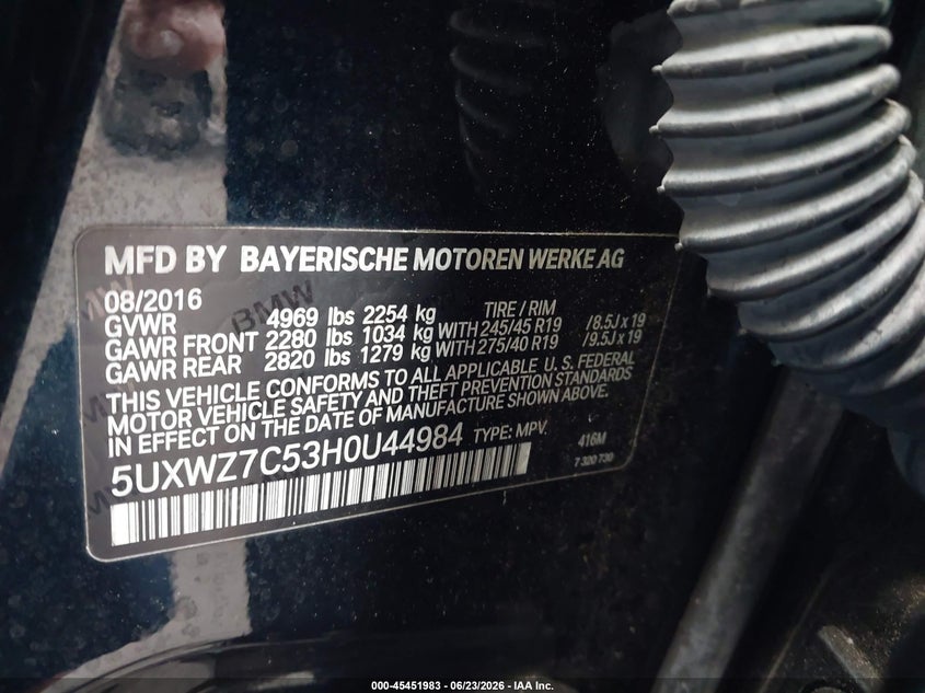 2017 BMW X3 VIN 5UXWZ7C53H0U44984 IAAI salvage auction — LEFT REAR, Rebuildable (Florida), sold $3,250 on 2026-07-22 (photo 9)