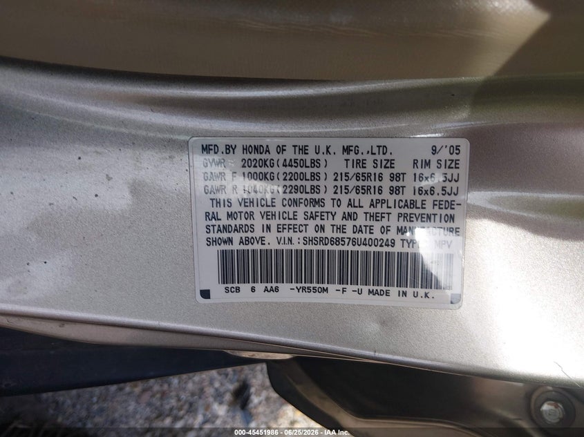 2006 Honda Cr-v VIN SHSRD68576U400249 IAAI salvage auction — NORMAL WEAR, Clear (Maryland), sold $1,100 on 2026-07-09 (photo 9)