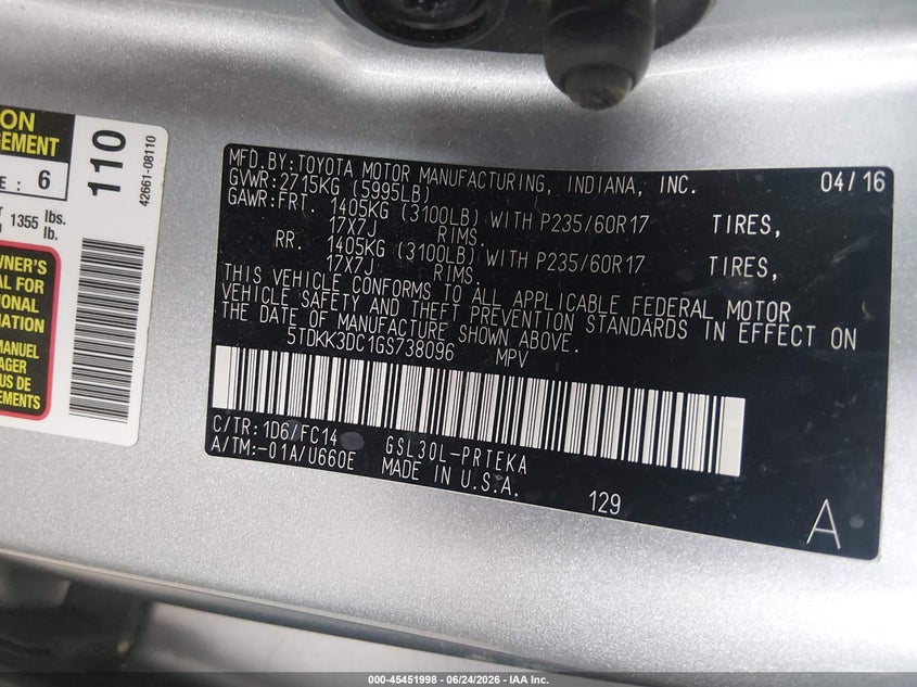 2016 Toyota Sienna VIN 5TDKK3DC1GS738096 IAAI salvage auction — FRONT END, Clear (Tennessee), sold $3,400 on 2026-08-01 (photo 9)