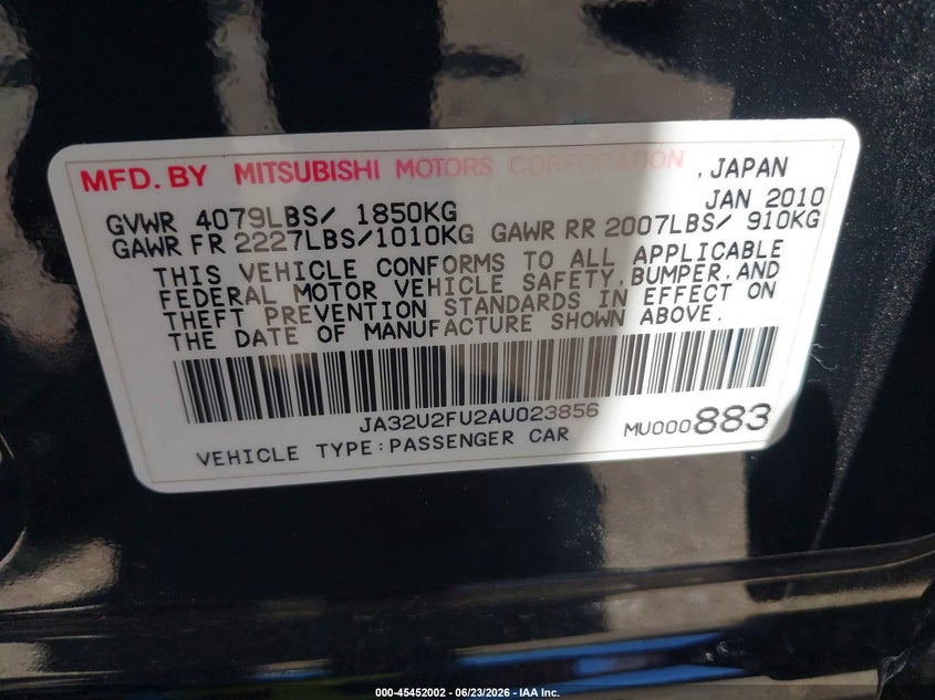 2010 Mitsubishi Lancer VIN JA32U2FU2AU023856 IAAI salvage auction — LEFT SIDE, Salvage (Ohio), sold $275 on 2026-07-28 (photo 9)