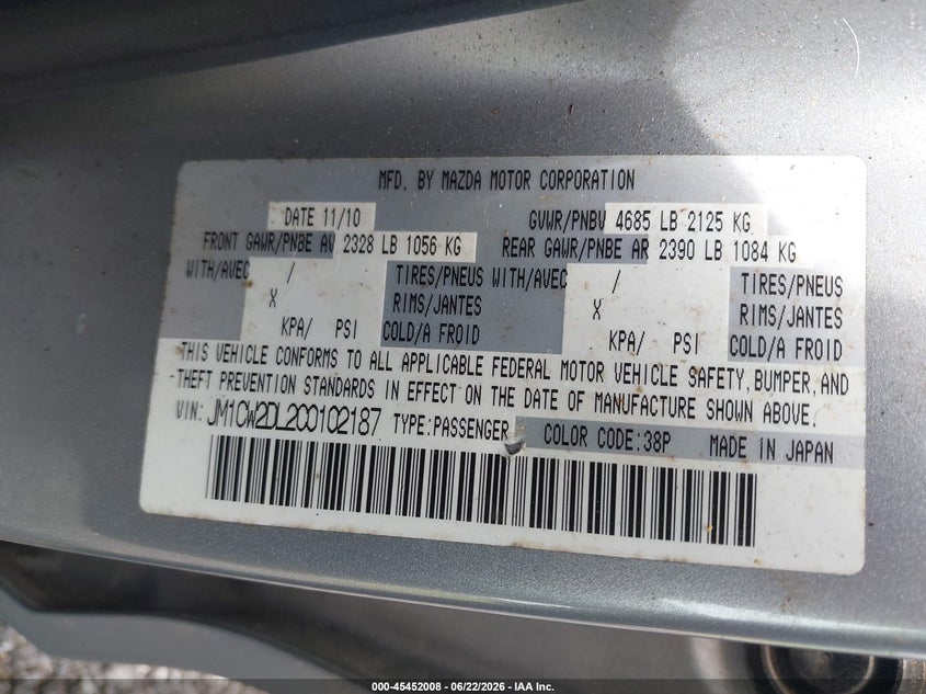 2012 Mazda 5 VIN JM1CW2DL2C0102187 IAAI salvage auction — NORMAL WEAR, Clear (South Carolina), sold $350 on 2026-07-21 (photo 9)