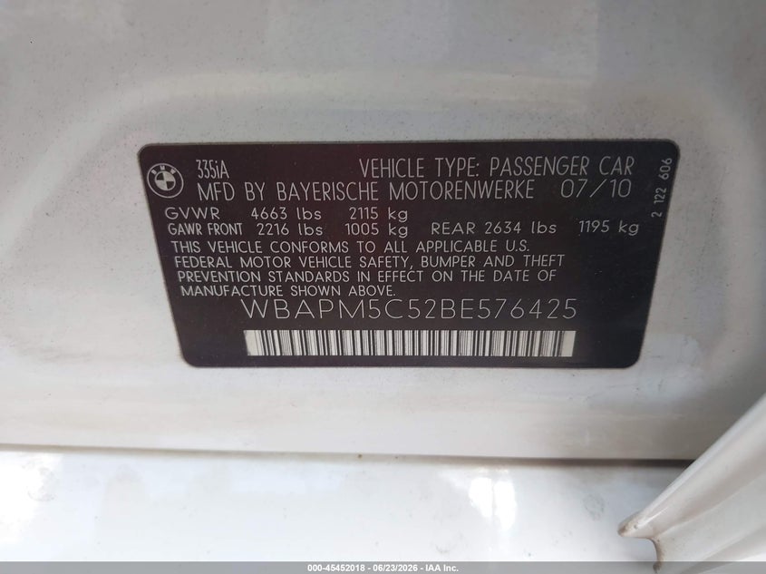 2011 BMW 3 series VIN WBAPM5C52BE576425 IAAI salvage auction — RIGHT REAR, Salvage (North Carolina), sold $1,800 on 2026-07-20 (photo 9)