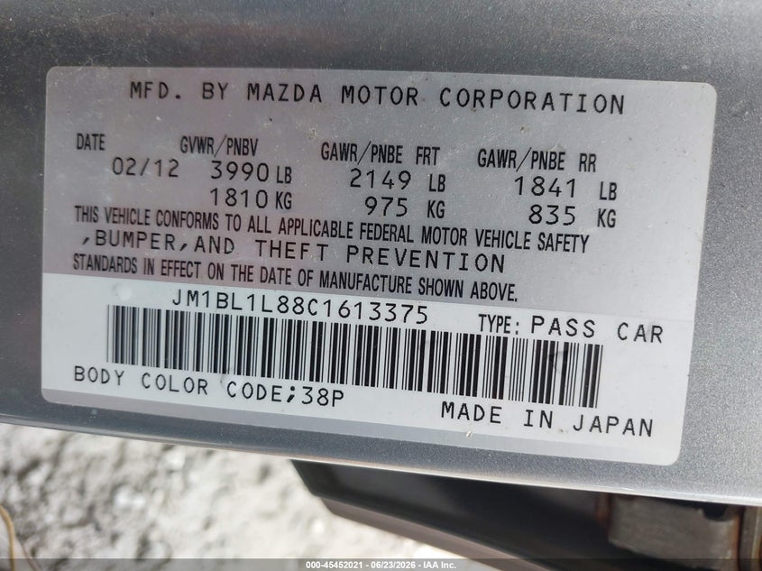 2012 Mazda 3 VIN JM1BL1L88C1613375 IAAI salvage auction — NORMAL WEAR, Clear (New York), sold $325 on 2026-07-15 (photo 9)