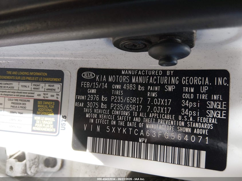 2015 Kia Sorento VIN 5XYKTCA63FG564071 IAAI salvage auction — NORMAL WEAR, Clear (Illinois), sold $1,025 on 2026-07-21 (photo 9)
