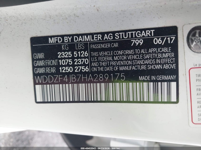 2017 Mercedes-benz E-klasse VIN WDDZF4JB7HA289175 IAAI salvage auction — WATER/FLOOD, Salvage Title, sold $6,800 on 2026-07-26 (photo 9)