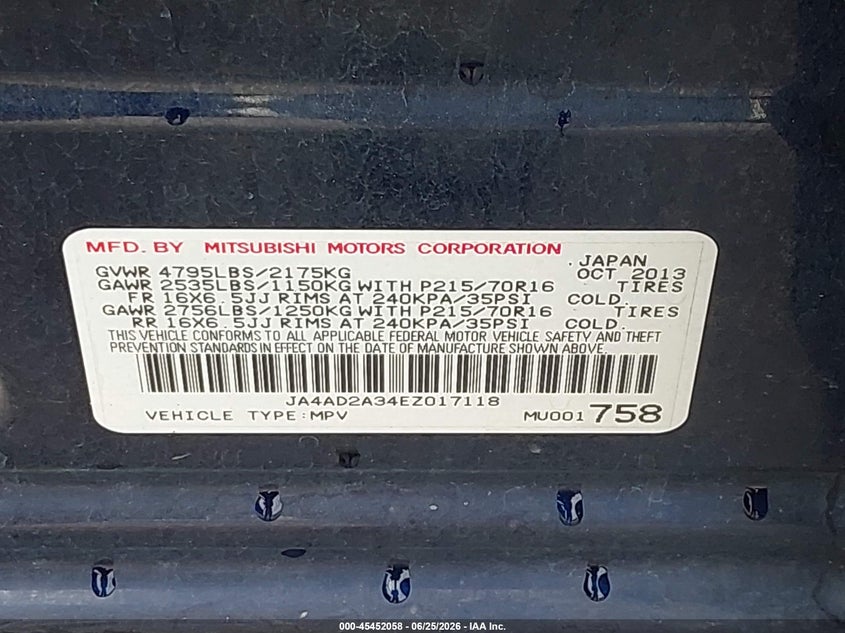 2014 Mitsubishi Outlander VIN JA4AD2A34EZ017118 IAAI salvage auction — SIDE, Clear (Indiana), sold $825 on 2026-07-23 (photo 9)