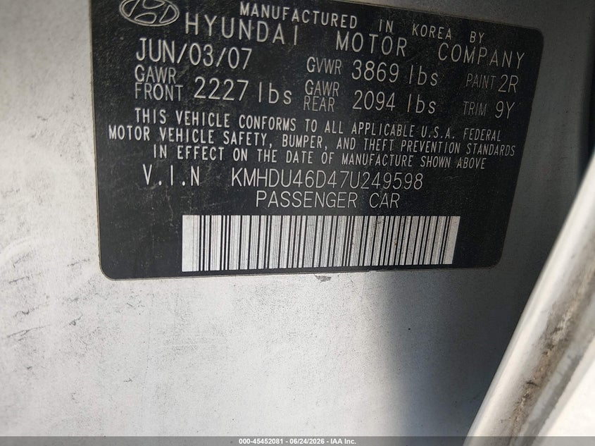2007 Hyundai Elantra VIN KMHDU46D47U249598 IAAI salvage auction — FRONT END, Salvage - Greater Than 75% (Maryland), sold $225 on 2026-07-13 (photo 9)