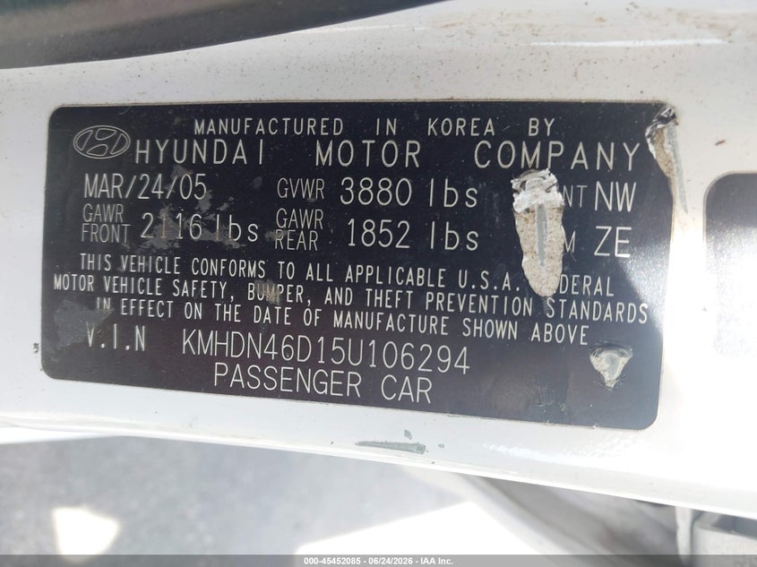 2005 Hyundai Elantra VIN KMHDN46D15U106294 IAAI salvage auction — FRONT END, Salvage (North Carolina), sold $275 on 2026-08-02 (photo 9)