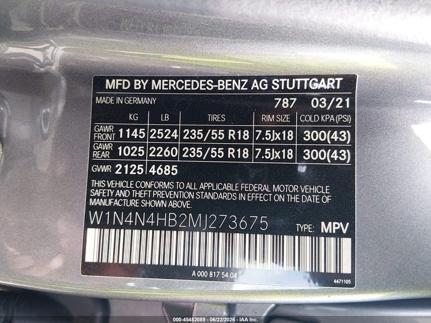 2021 Mercedes-benz VIN W1N4N4HB2MJ273675 IAAI salvage auction — FRONT END, Salvage Title, sold $3,600 on 2026-08-23 (photo 9)