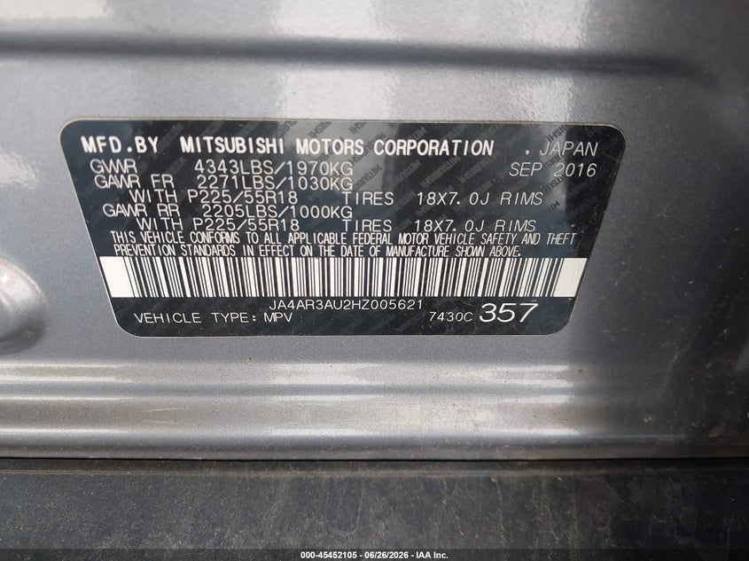 2017 Mitsubishi Outlander VIN JA4AR3AU2HZ005621 IAAI salvage auction — FRONT END, Salvage (Virginia), sold $1,600 on 2026-07-07 (photo 9)
