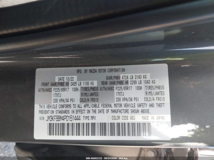 2023 Mazda Cx-5 VIN JM3KFBBM4P0151444 IAAI salvage auction — FRONT END, Rebuildable (Florida), sold $3,050 on 2026-07-28 (photo 9)