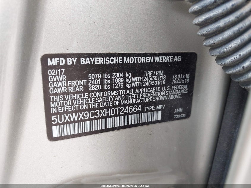 2017 BMW X3 VIN 5UXWX9C3XH0T24664 IAAI salvage auction — LEFT REAR, Mv-907A (New York), sold $3,050 on 2026-07-21 (photo 9)
